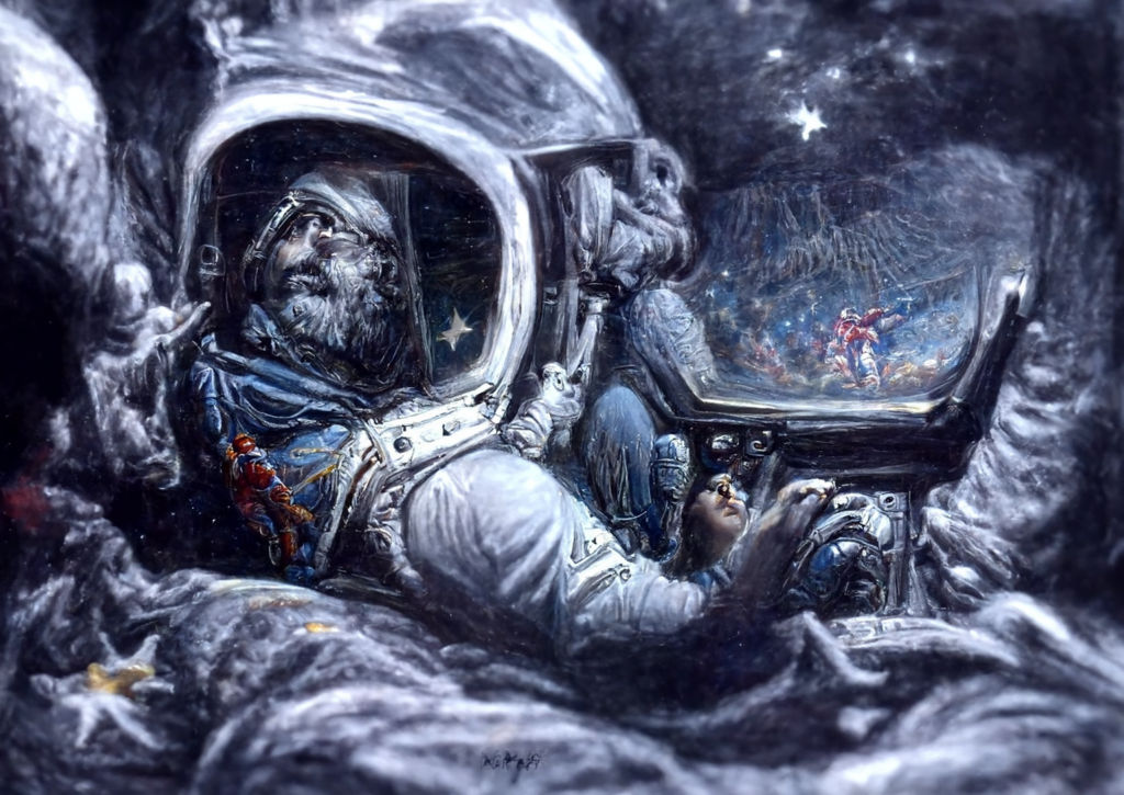 an astronaut viewing the stars from a cockpit by jeff easley and gustave dore [Disco Diffusion v5] 1037150959