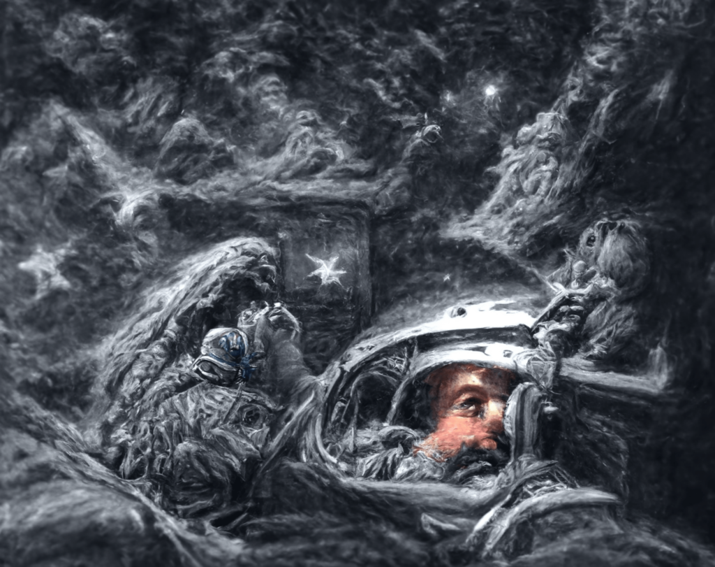an astronaut viewing the stars from a cockpit by jeff easley and gustave dore [Disco Diffusion v5] 1590991242