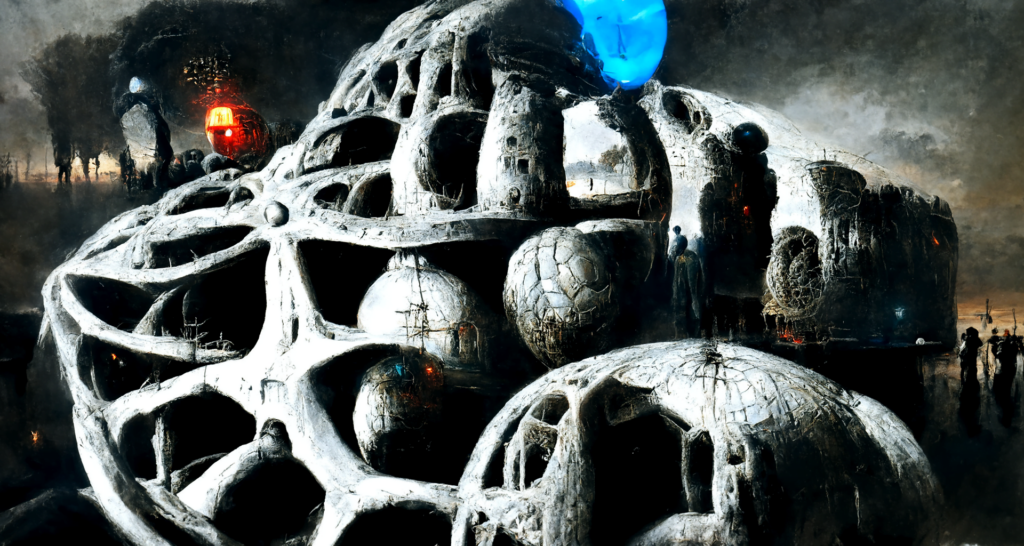 huge floating futuristic mechanical sphere structure with glowing lights by Zdzisław Beksiński trending on artstation magic realism lovecraftian hyperrealism [Disco Diffusion v5] 1979607586