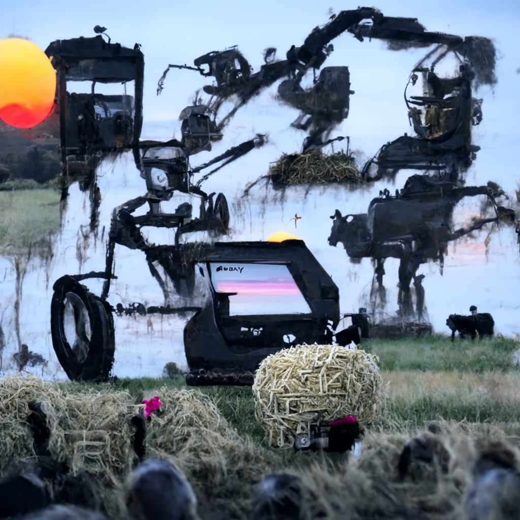 robotic machines farming hay in a serene field at sunset by banksy [Disco Diffusion v5] 1155838570