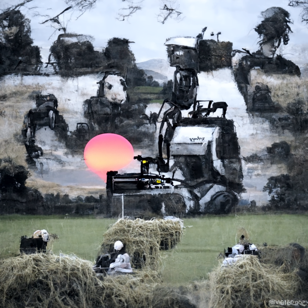 robotic machines farming hay in a serene field at sunset by banksy [Disco Diffusion v5] 535665534