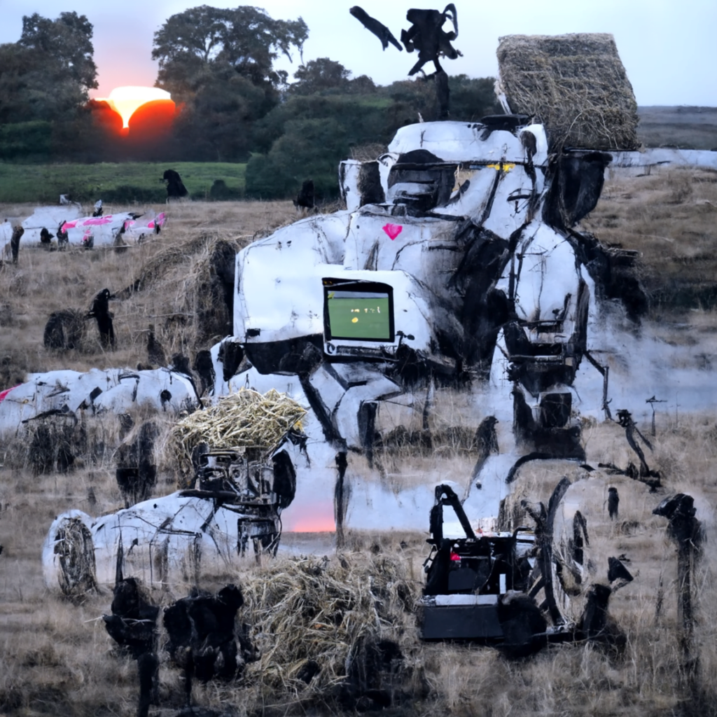 robotic machines farming hay in a serene field at sunset by banksy [Disco Diffusion v5] 956492895