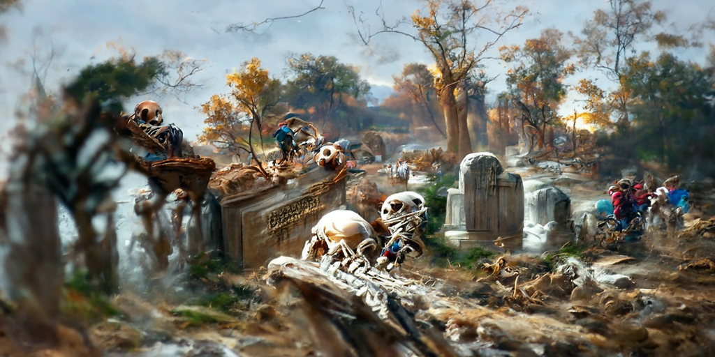 skeletons escaping their grave graveyard by asher brown durand hyperdetailed [Disco Diffusion v5] 1944970211