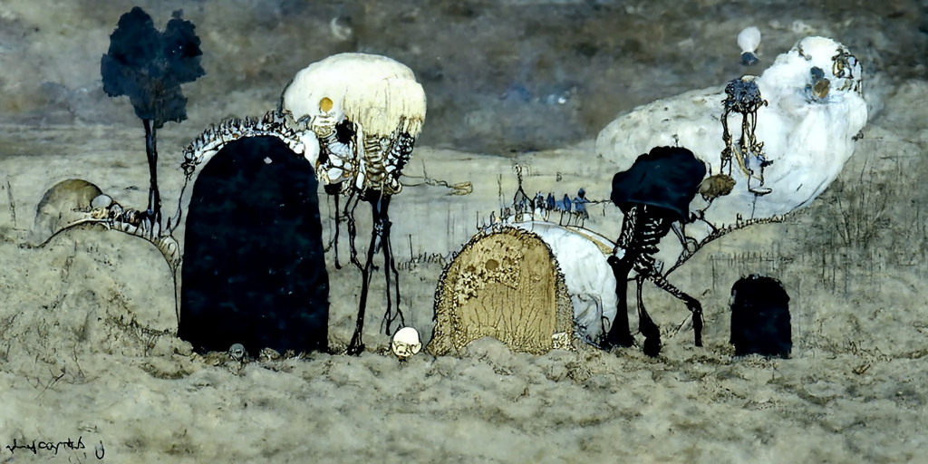 skeletons escaping their grave graveyard by john bauer hyperdetailed [Disco Diffusion v5] 385689454