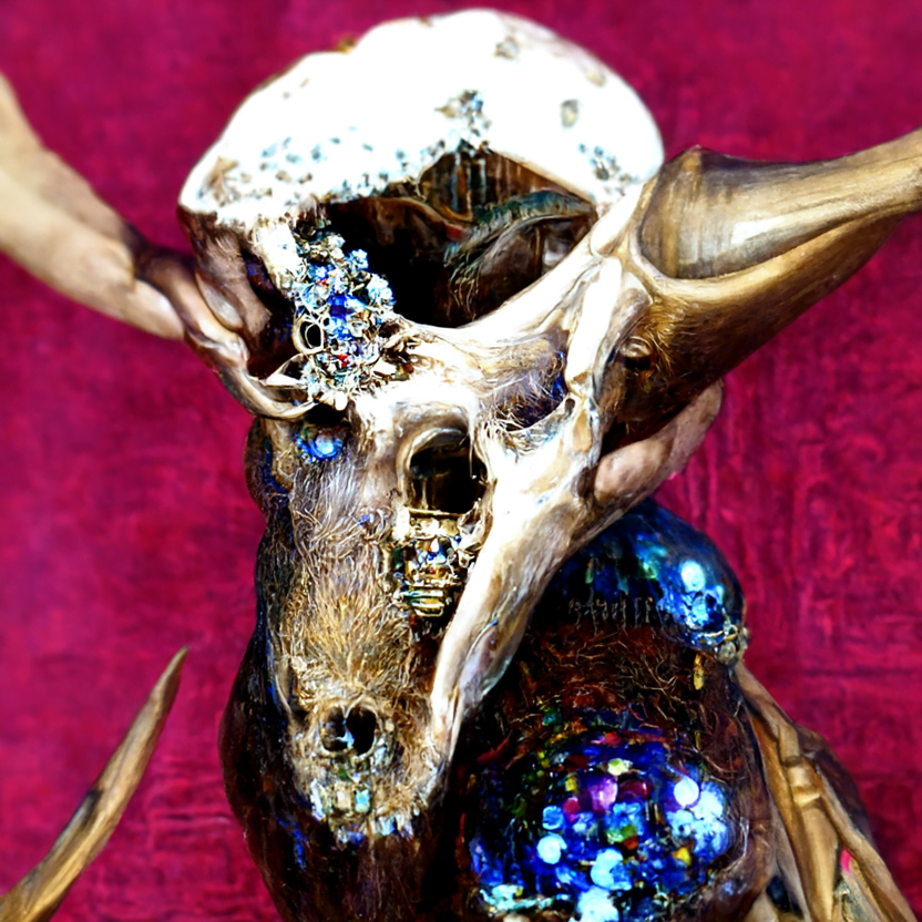 the skull of an majestic elk covered in rhinestones 35mm trending on artstation beautiful by Ernst Fuchs [Disco Diffusion v5] 1428654528
