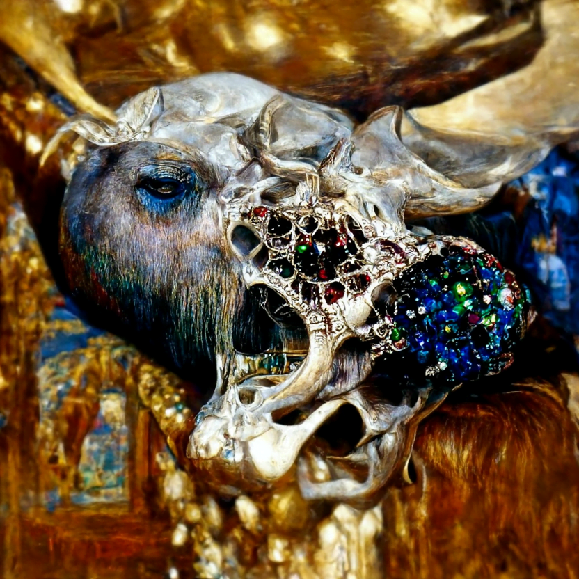 the skull of an majestic elk covered in rhinestones 35mm trending on artstation beautiful by Ernst Fuchs [Disco Diffusion v5] 2116002115