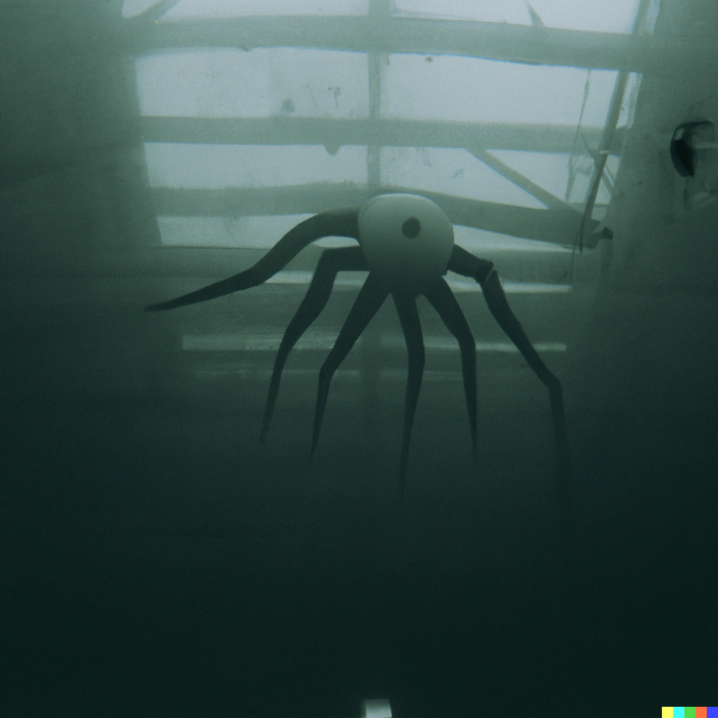 DALL·E 2022-07-12 23.30.39 – a dark lit monster floating in a foggy liminal space in an abandoned area 35mm