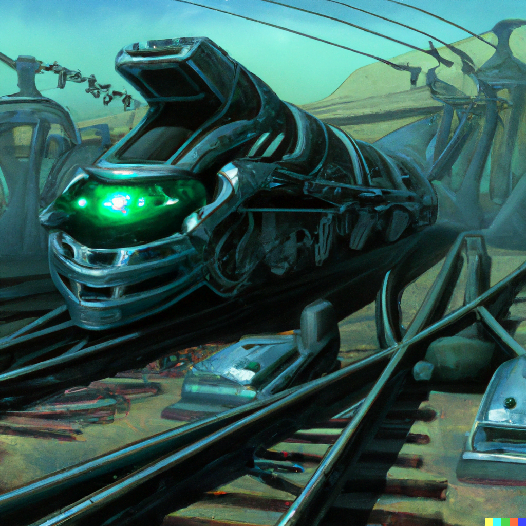 DALL·E 2022-07-12 23.31.27 – a cyborg train on a track of otherworldly by Wayne Barlowe