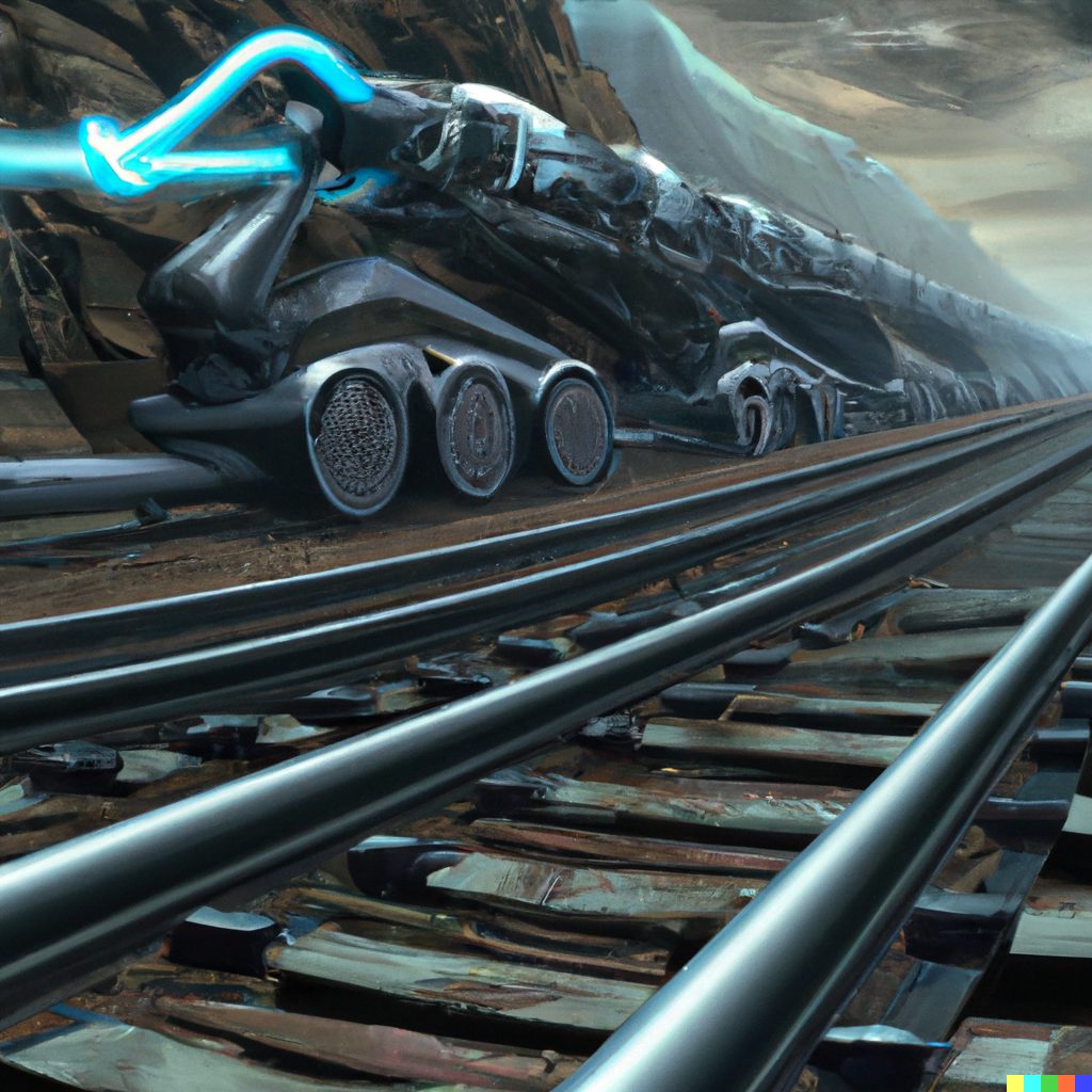 DALL·E 2022-07-12 23.31.32 – a cyborg train on a track of otherworldly by Wayne Barlowe