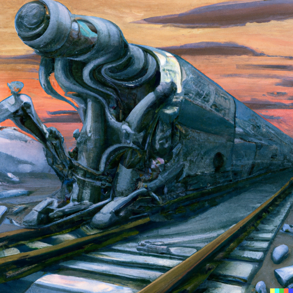 DALL·E 2022-07-12 23.31.37 – a cyborg train on a track of otherworldly by Wayne Barlowe