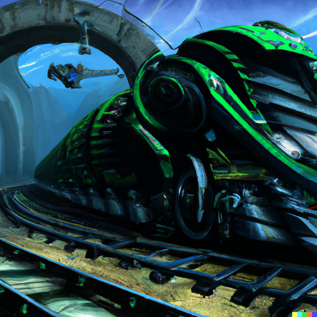 DALL·E 2022-07-12 23.31.42 – a cyborg train on a track of otherworldly by Wayne Barlowe