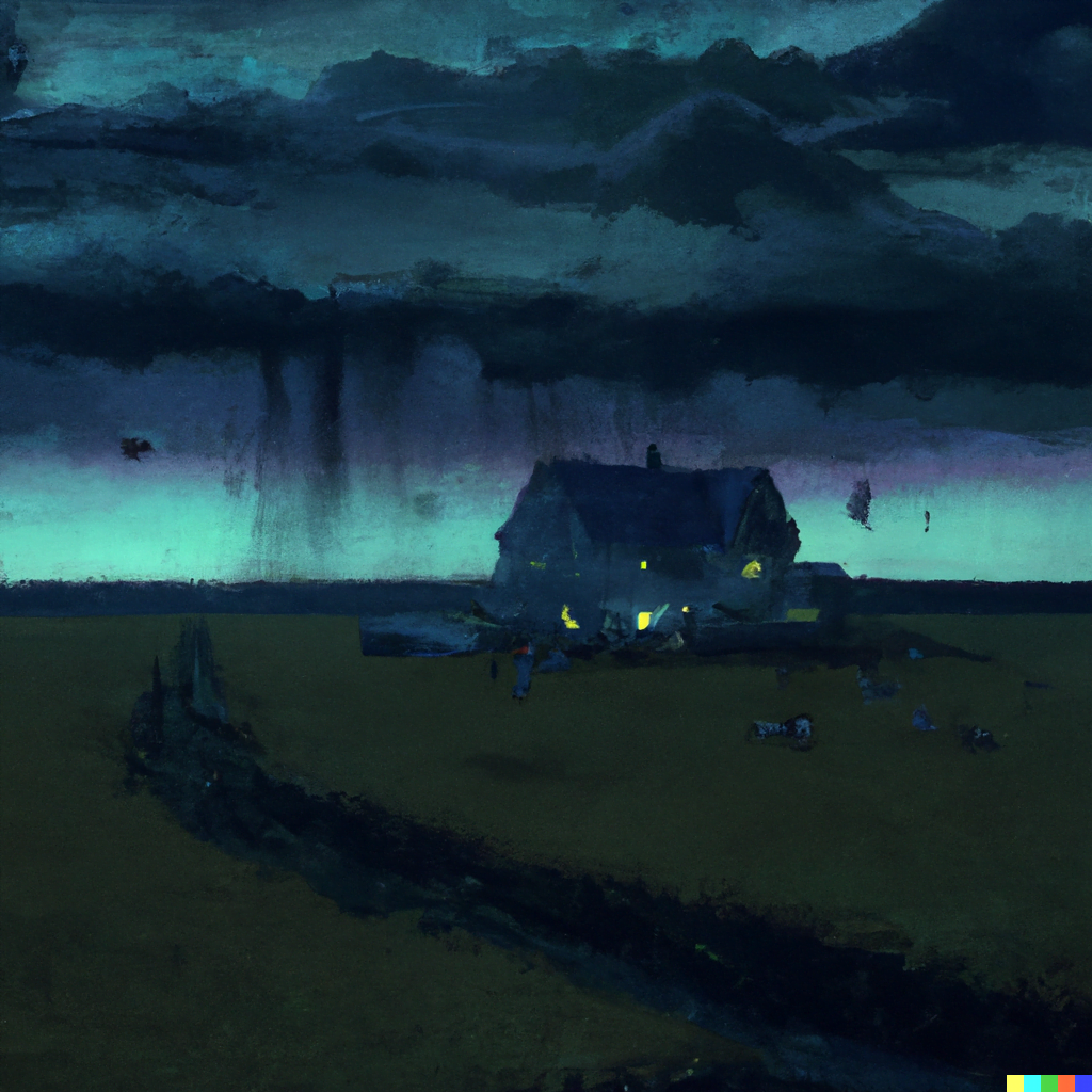 DALL·E 2022-07-12 23.32.04 – _a beautiful digital painting of a lonely farmhouse in the middle of a field at night Gustave Doré gustave dore Zdzisław Beksiński Zdzislaw Beksinski