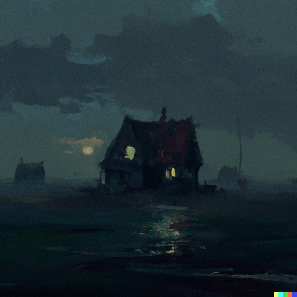 DALL·E 2022-07-12 23.32.08 – _a beautiful digital painting of a lonely farmhouse in the middle of a field at night Gustave Doré gustave dore Zdzisław Beksiński Zdzislaw Beksinski