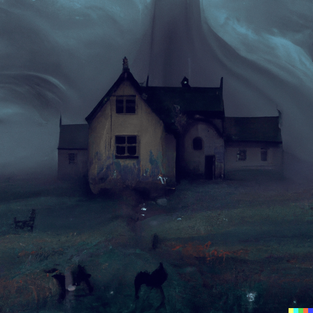 DALL·E 2022-07-12 23.32.12 – _a beautiful digital painting of a lonely farmhouse in the middle of a field at night Gustave Doré gustave dore Zdzisław Beksiński Zdzislaw Beksinski