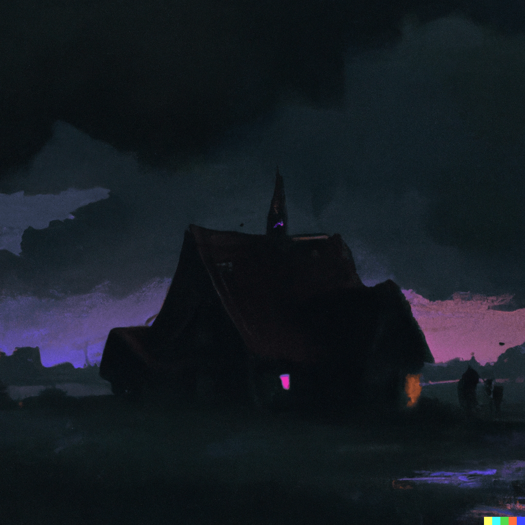 DALL·E 2022-07-12 23.32.17 – _a beautiful digital painting of a lonely farmhouse in the middle of a field at night Gustave Doré gustave dore Zdzisław Beksiński Zdzislaw Beksinski