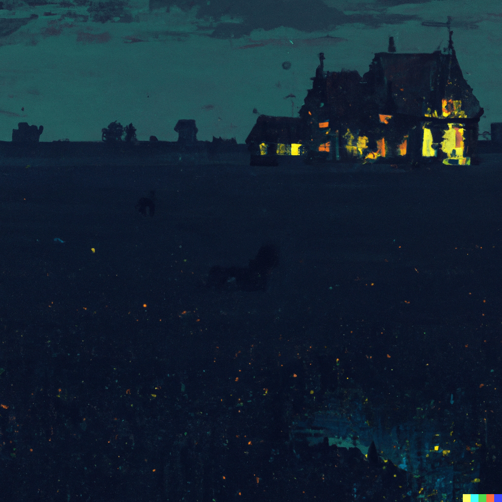 DALL·E 2022-07-12 23.32.22 – _a beautiful digital painting of a lonely farmhouse in the middle of a field at night Gustave Doré gustave dore Zdzisław Beksiński Zdzislaw Beksinski
