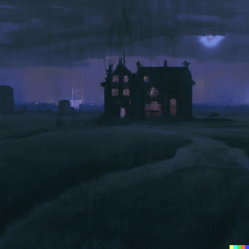 DALL·E 2022-07-12 23.32.25 – _a beautiful digital painting of a lonely farmhouse in the middle of a field at night Gustave Doré gustave dore Zdzisław Beksiński Zdzislaw Beksinski