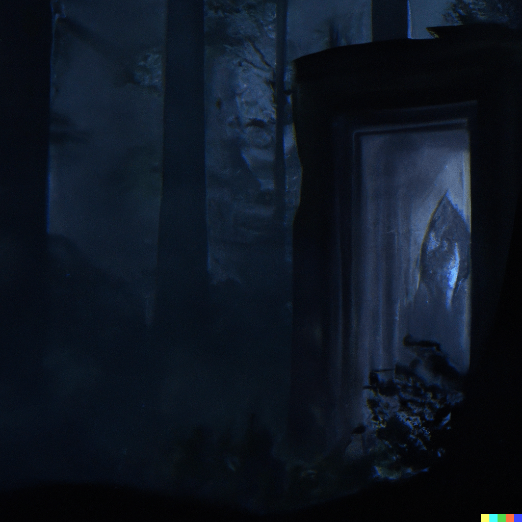 DALL·E 2022-07-12 23.33.02 – ghosts and spirits haunt the doorway to the dark forest with a creepy light emitted from it undergrowth haunted trees unreal engine 8k gustave dore
