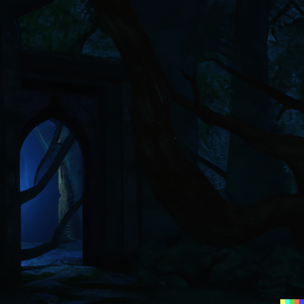 DALL·E 2022-07-12 23.33.09 – ghosts and spirits haunt the doorway to the dark forest with a creepy light emitted from it undergrowth haunted trees unreal engine 8k gustave dore