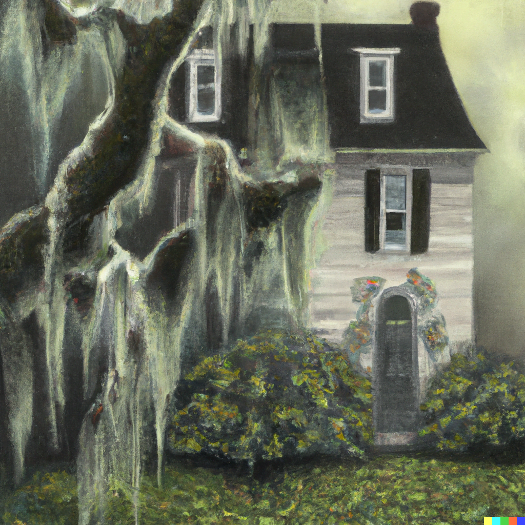 DALL·E 2022-07-12 23.33.14 – a serene painting of an Appalachian gothic haunted house and Spanish moss in the south by felix kelly