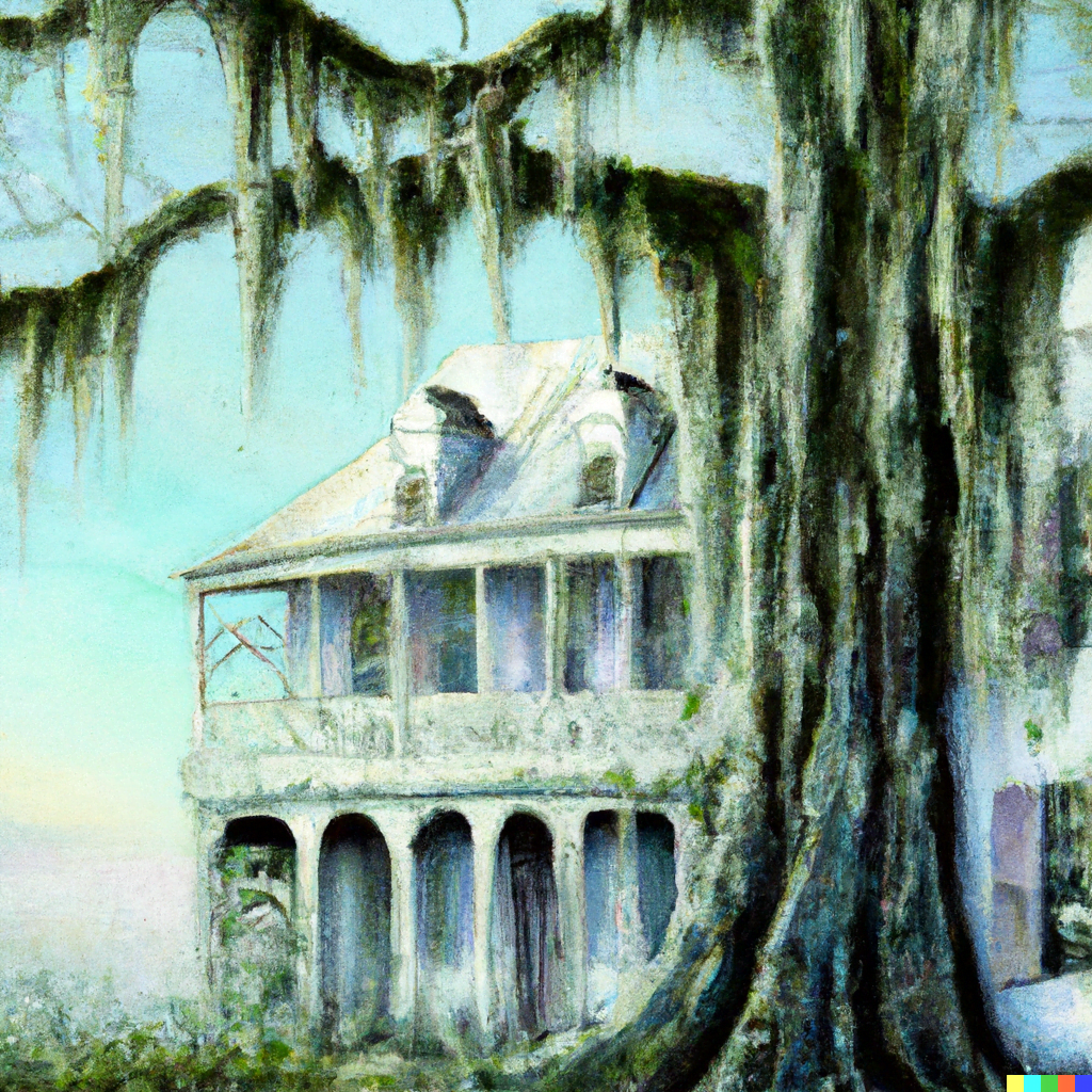 DALL·E 2022-07-12 23.33.18 – a serene painting of an Appalachian gothic haunted house and Spanish moss in the south by felix kelly