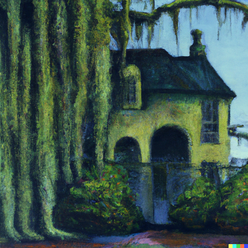 DALL·E 2022-07-12 23.33.23 – a serene painting of an Appalachian gothic haunted house and Spanish moss in the south by felix kelly