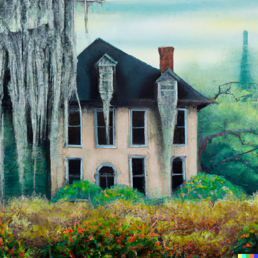 DALL·E 2022-07-12 23.33.28 – a serene painting of an Appalachian gothic haunted house and Spanish moss in the south by felix kelly