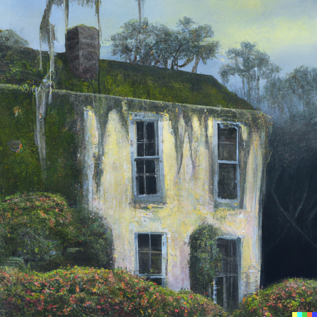 DALL·E 2022-07-12 23.33.32 – a serene painting of an Appalachian gothic haunted house and Spanish moss in the south by felix kelly