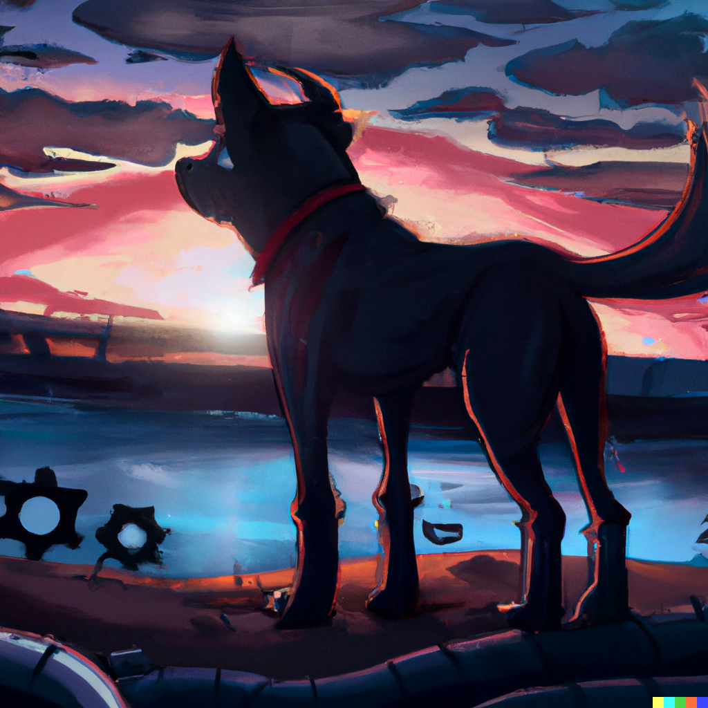DALL·E 2022-07-12 23.34.12 – a mechanical dog observing a sunset with visible galaxies digital illustration