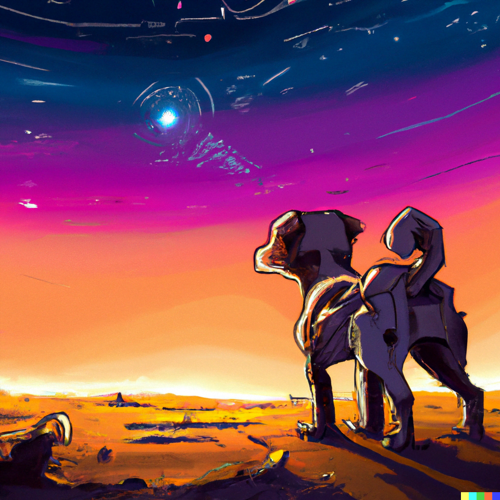 DALL·E 2022-07-12 23.34.15 – a mechanical dog observing a sunset with visible galaxies digital illustration