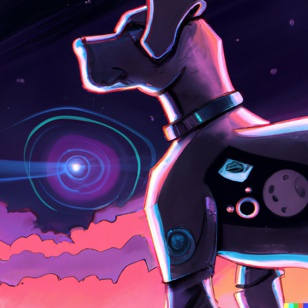 DALL·E 2022-07-12 23.34.22 – a mechanical dog observing a sunset with visible galaxies digital illustration