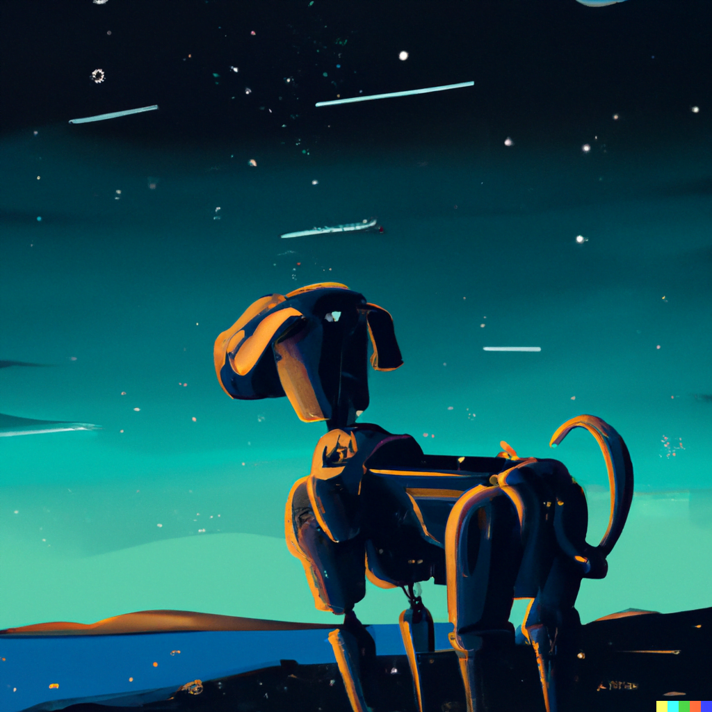 DALL·E 2022-07-12 23.34.25 – a mechanical dog observing a sunset with visible galaxies digital illustration