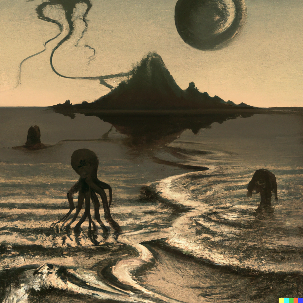 DALL·E 2022-07-12 23.35.58 – moonrise on a calm beach with lovecraft monsters emerging from the ocean Zdzisław Beksiński, Gustave Doré and lisa fran
