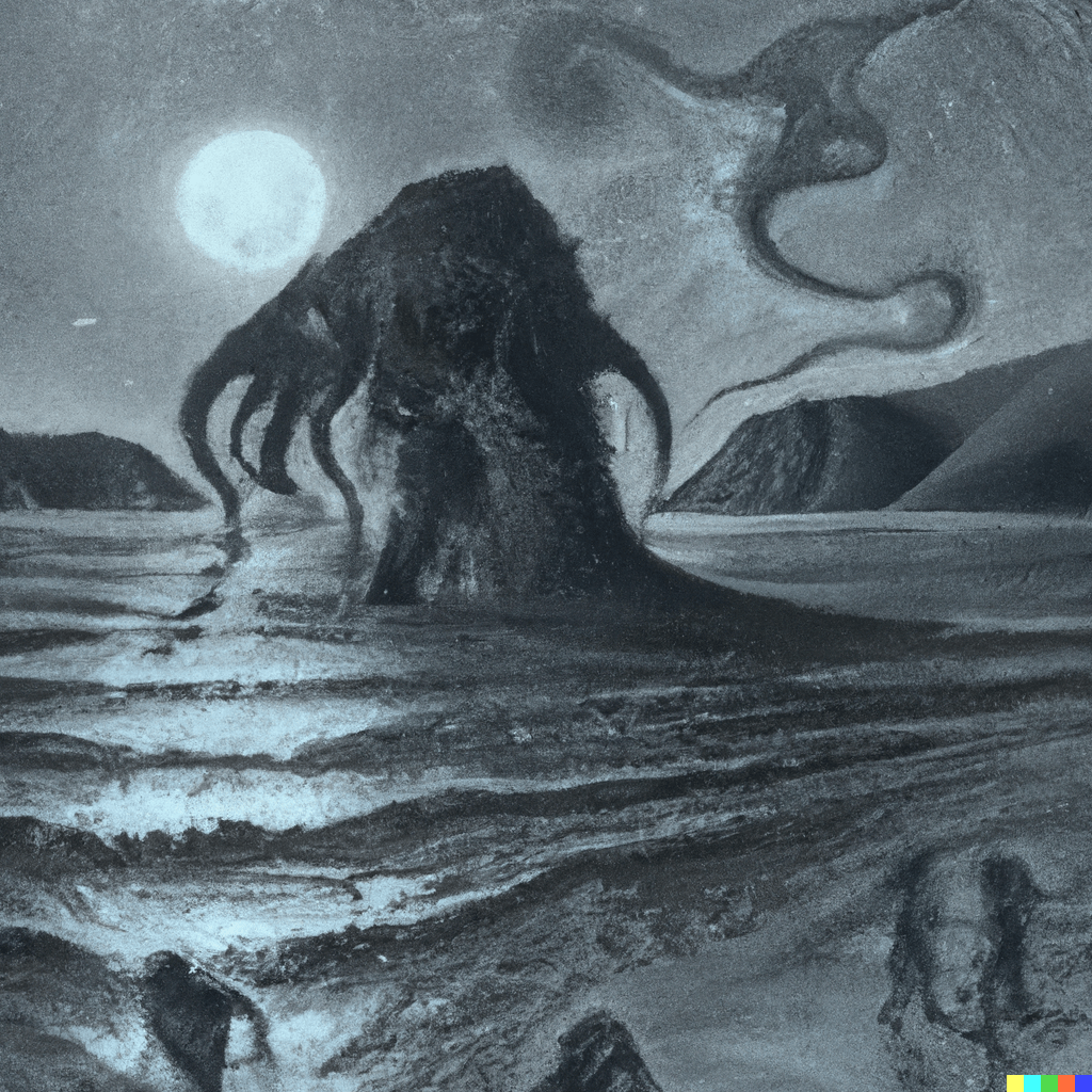 DALL·E 2022-07-12 23.36.03 – moonrise on a calm beach with lovecraft monsters emerging from the ocean Zdzisław Beksiński, Gustave Doré and lisa fran