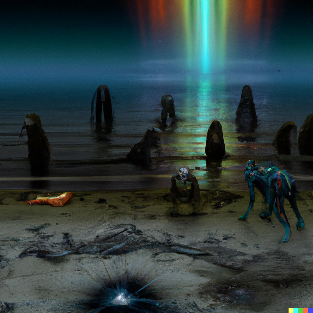 DALL·E 2022-07-12 23.36.45 – moonrise on a calm beach with lovecraft monsters emerging from the ocean Zdzisław Beksiński, Gustave Doré and lisa fran Eldritch hyperdetailed trendin