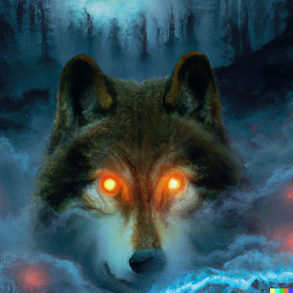 DALL·E 2022-07-12 23.38.09 – a wolf with glowing eyes Zdzisław Beksiński albert bierstadt trending on Artstation dark colorful fantasy