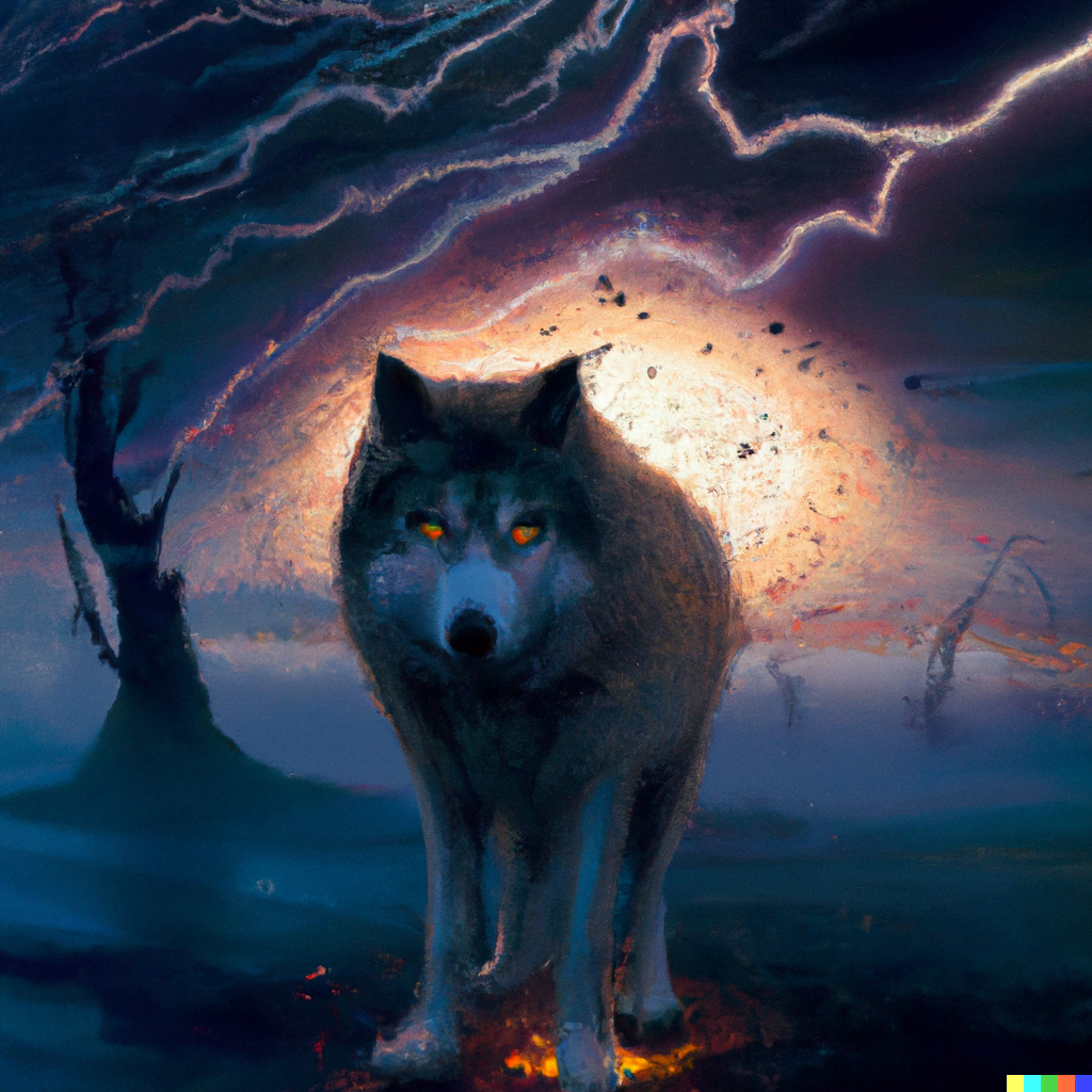 DALL·E 2022-07-12 23.38.19 – a wolf with glowing eyes Zdzisław Beksiński albert bierstadt trending on Artstation dark colorful fantasy