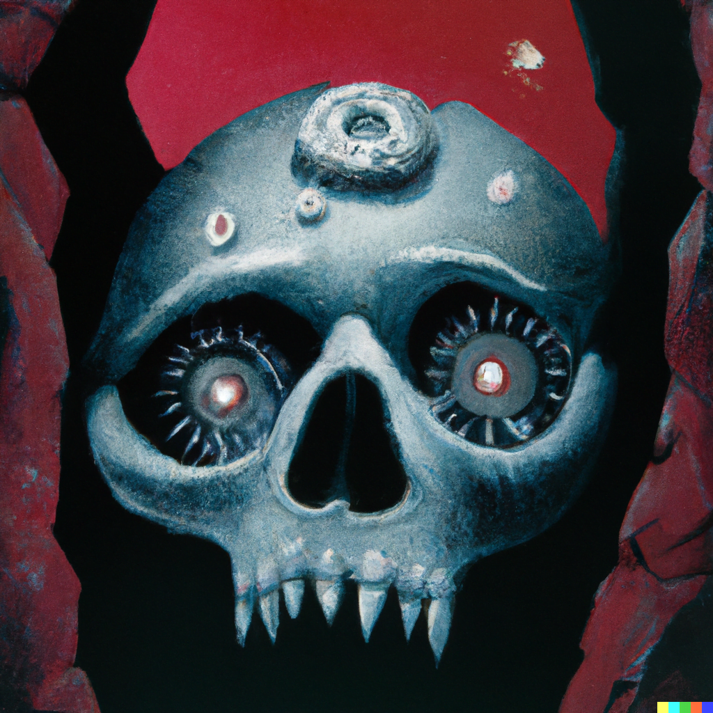 DALL·E 2022-07-12 23.40.36 – a skull of a human glowing red eyes and encrusted in rhinestones by Zdzisław Beksiński