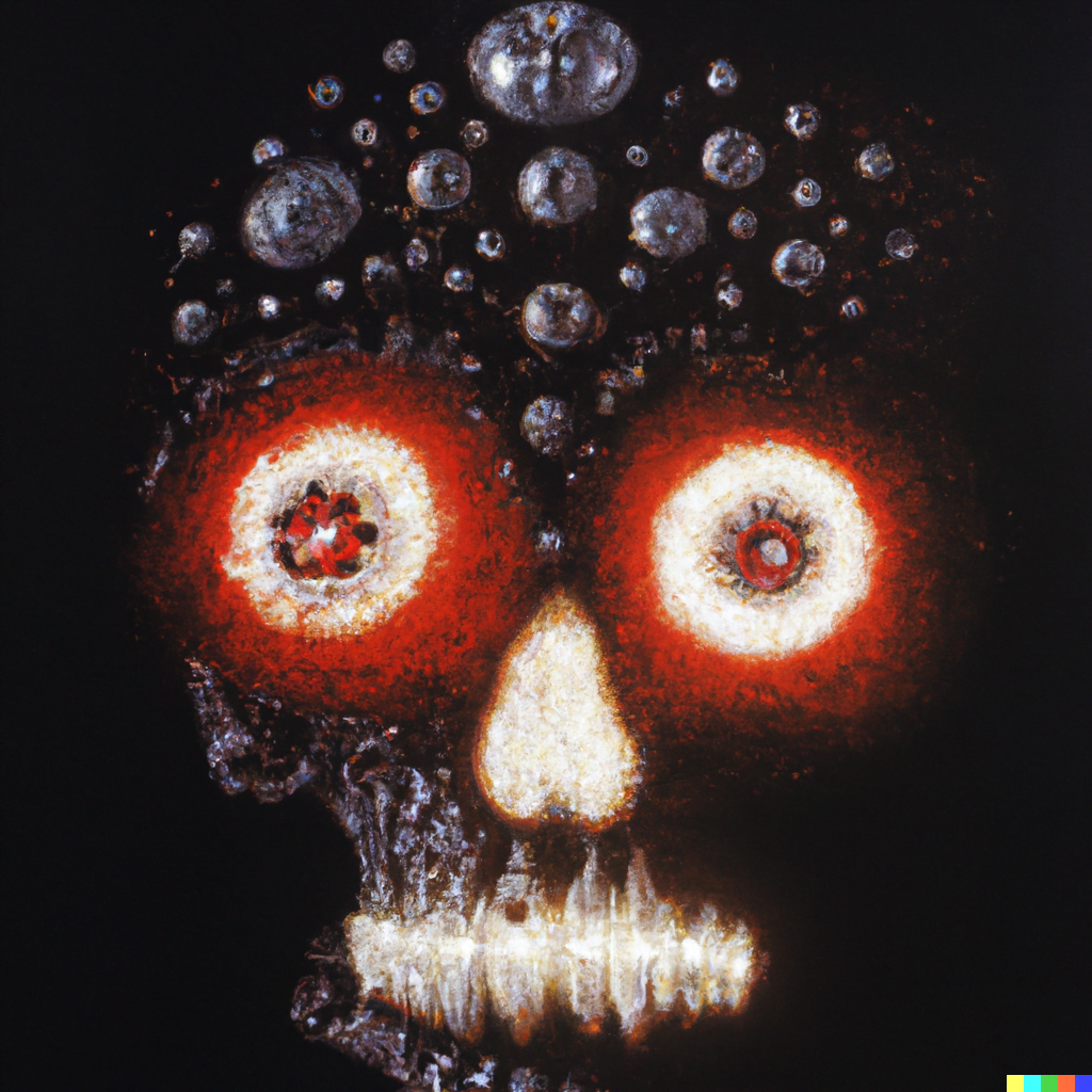 DALL·E 2022-07-12 23.40.46 – a skull of a human glowing red eyes and encrusted in rhinestones by Zdzisław Beksiński