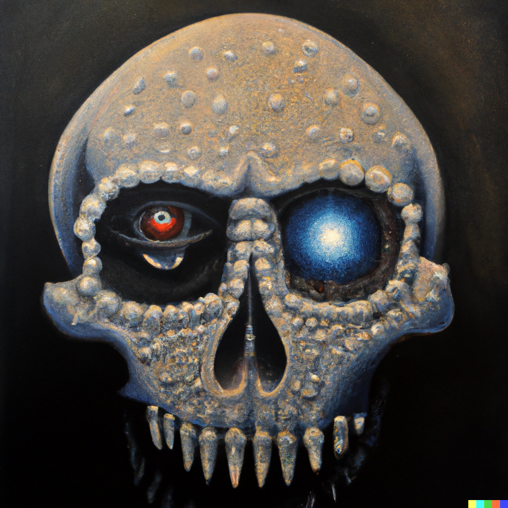 DALL·E 2022-07-12 23.40.50 – a skull of a human glowing red eyes and encrusted in rhinestones by Zdzisław Beksiński