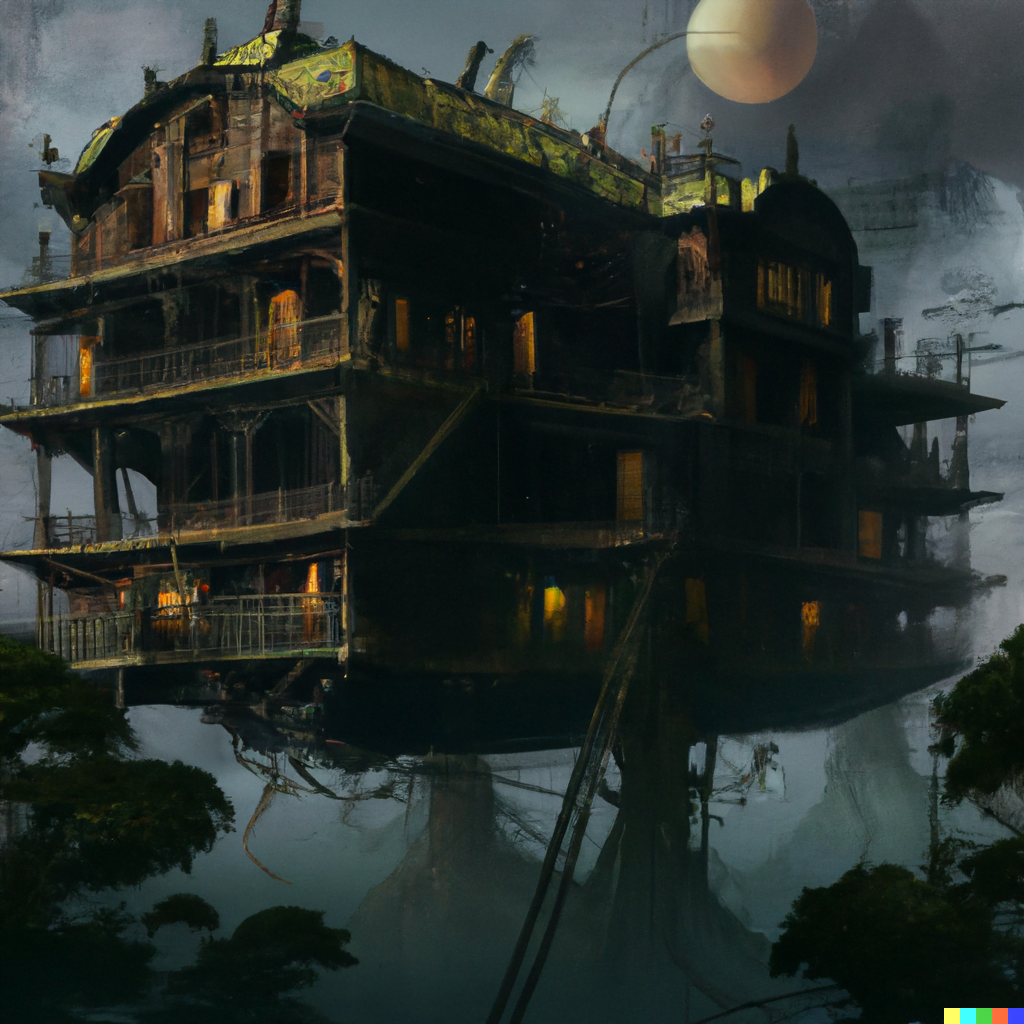 DALL·E 2022-07-12 23.41.44 – a floating walking magical mansion by Hayao Miyazaki studio Ghibli trending on artstation horror by craig mullins and gustave dore Zdzisław Beksiński