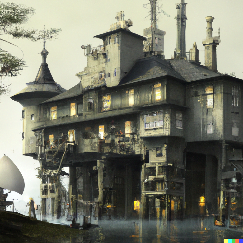 DALL·E 2022-07-12 23.42.01 – a floating walking magical mansion by Hayao Miyazaki studio Ghibli trending on artstation horror by craig mullins and gustave dore Zdzisław Beksiński