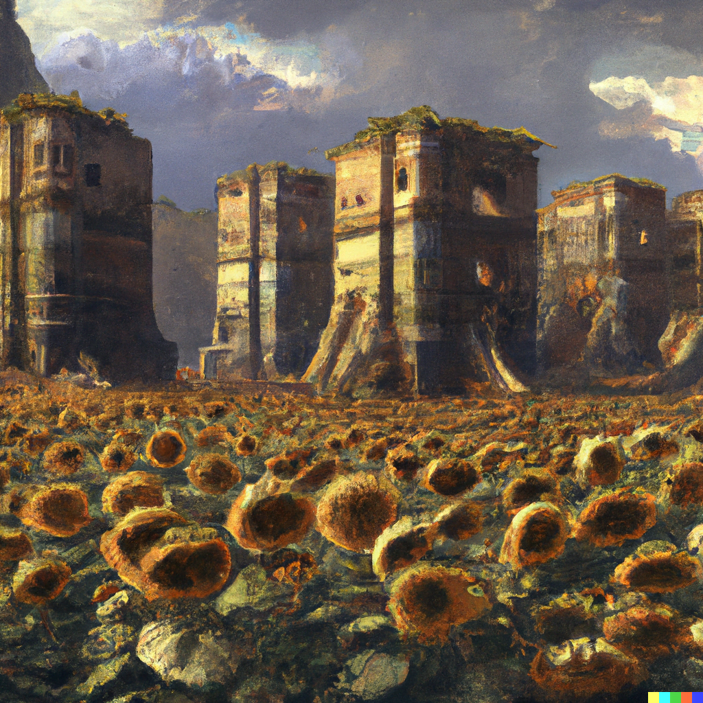 DALL·E 2022-07-12 23.42.55 – a field of sunflowers with ancient ruins by craig mullins and Zdzisław Beksiński hyperdetailed hyperrealism