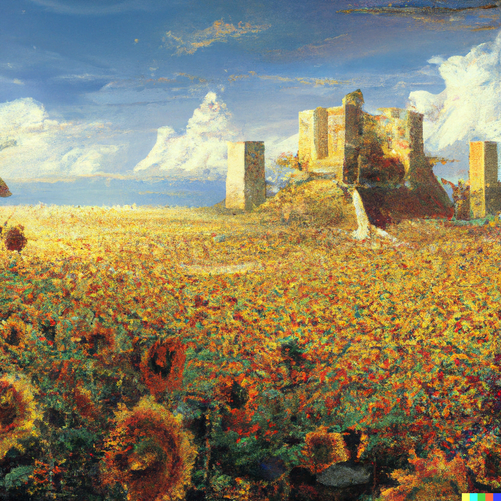DALL·E 2022-07-12 23.43.00 – a field of sunflowers with ancient ruins by craig mullins and Zdzisław Beksiński hyperdetailed hyperrealism