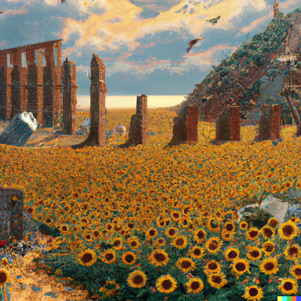 DALL·E 2022-07-12 23.43.05 – a field of sunflowers with ancient ruins by craig mullins and Zdzisław Beksiński hyperdetailed hyperrealism
