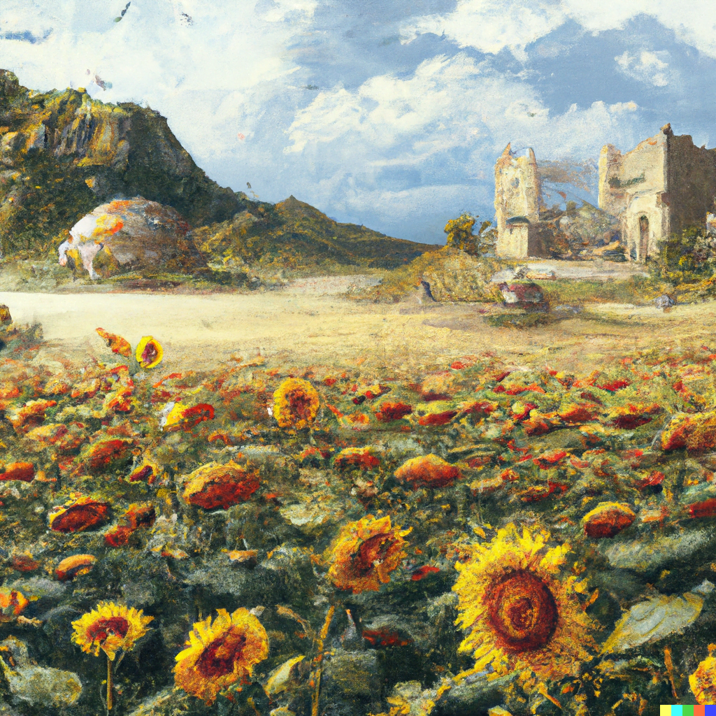 DALL·E 2022-07-12 23.43.10 – a field of sunflowers with ancient ruins by craig mullins and Zdzisław Beksiński hyperdetailed hyperrealism
