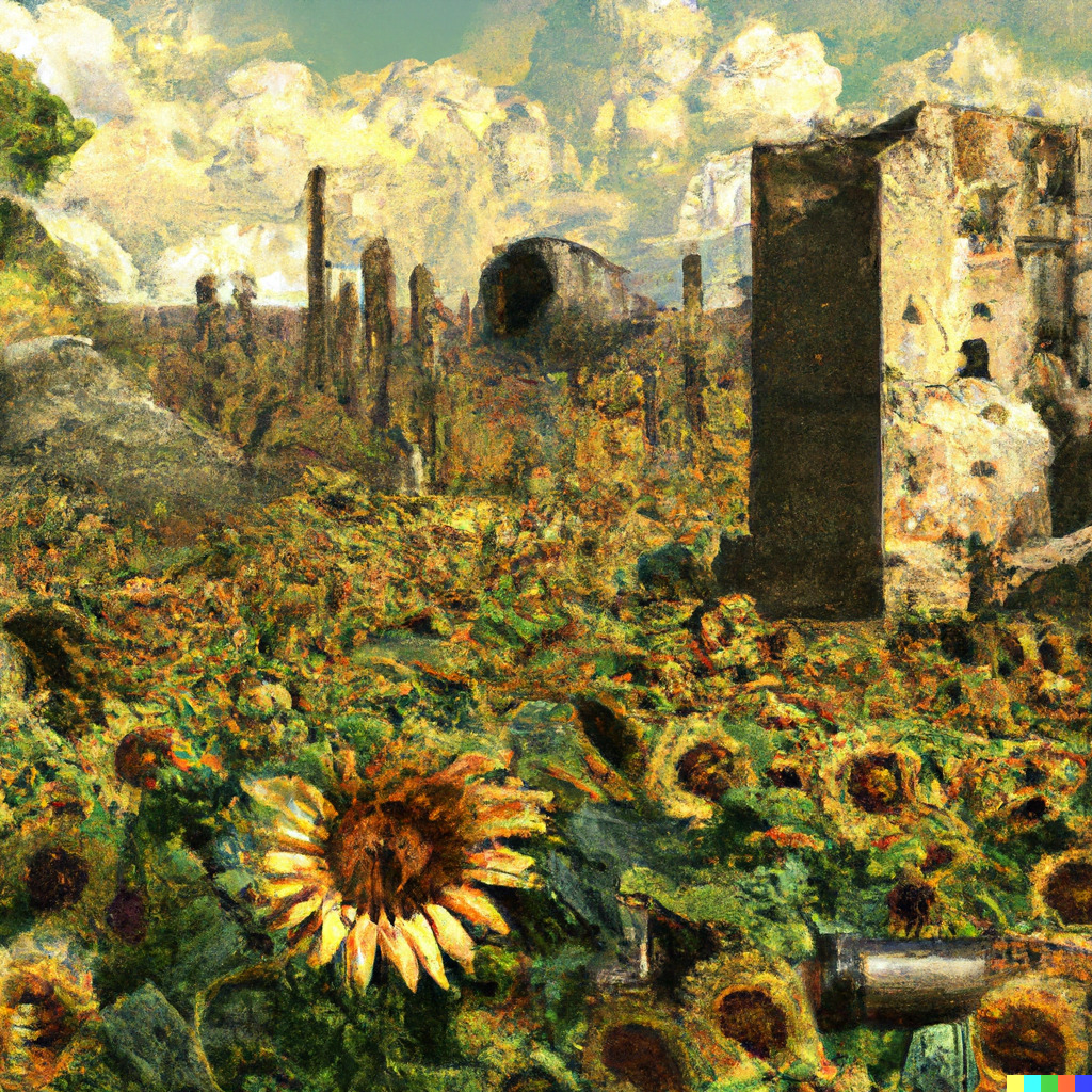 DALL·E 2022-07-12 23.43.14 – a field of sunflowers with ancient ruins by craig mullins and Zdzisław Beksiński hyperdetailed hyperrealism