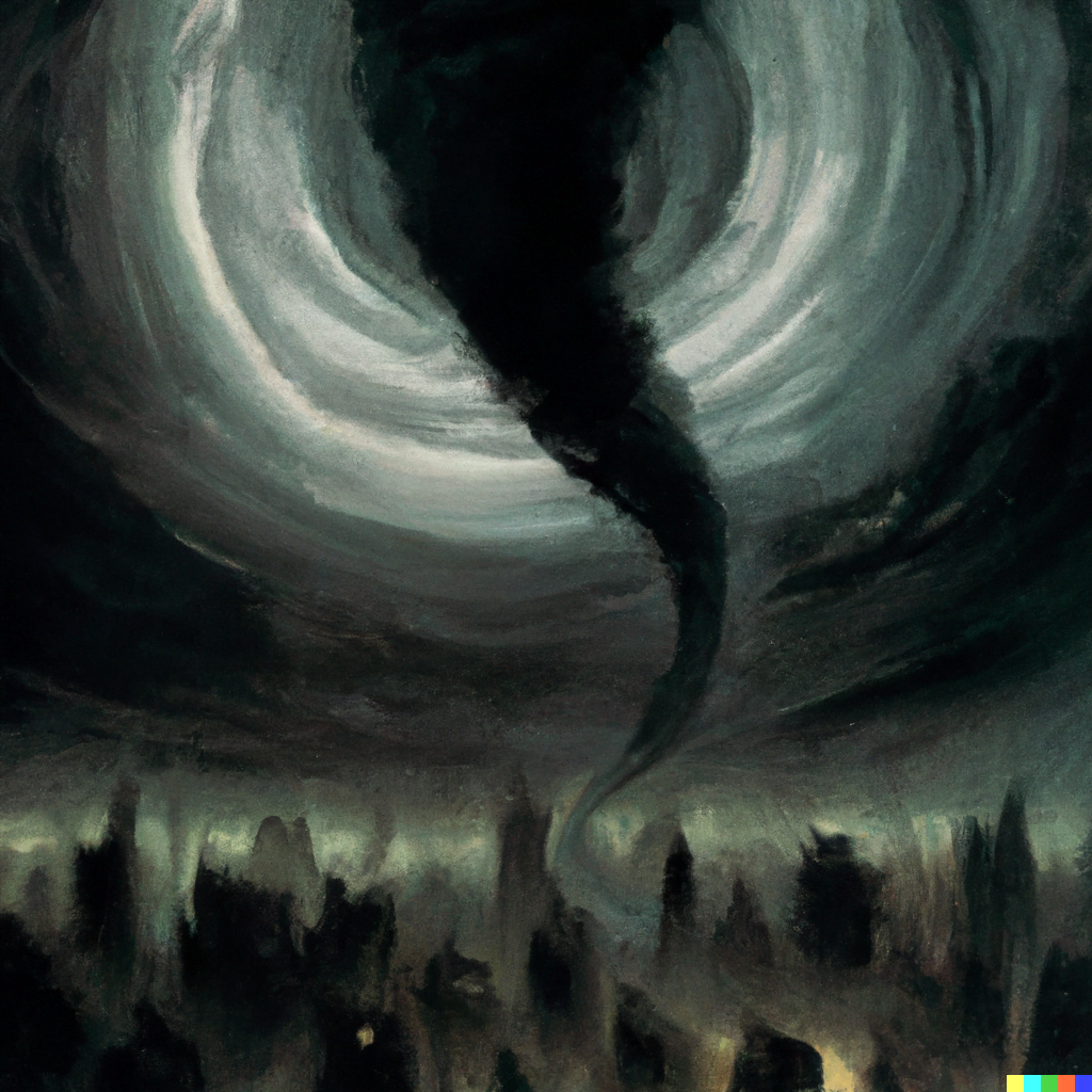 DALL·E 2022-07-12 23.45.55 – a dark multi-vortex tornado engulfs a modern city at night by Zdzisław Beksiński and Kyle Lambert
