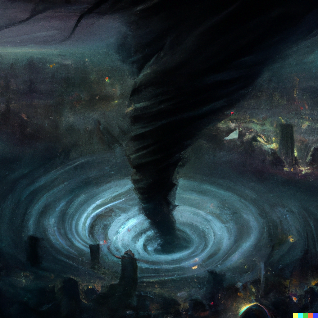 DALL·E 2022-07-12 23.45.59 – a dark multi-vortex tornado engulfs a modern city at night by Zdzisław Beksiński and Kyle Lambert
