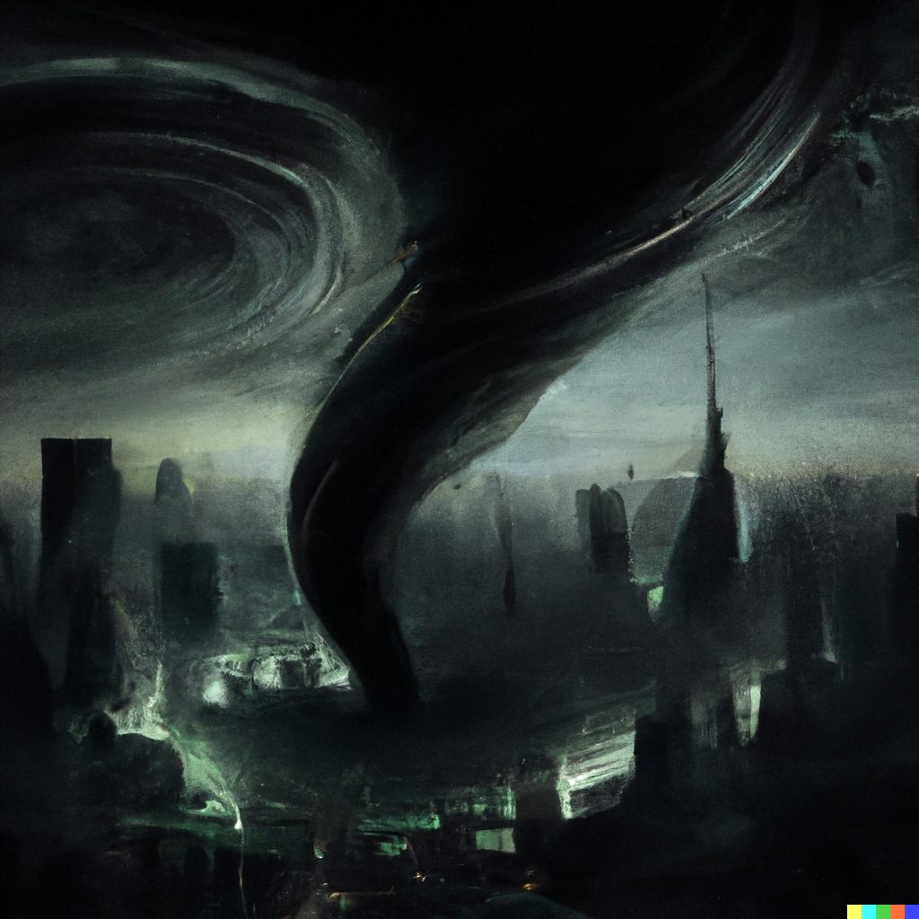 DALL·E 2022-07-12 23.46.06 – a dark multi-vortex tornado engulfs a modern city at night by Zdzisław Beksiński and Kyle Lambert